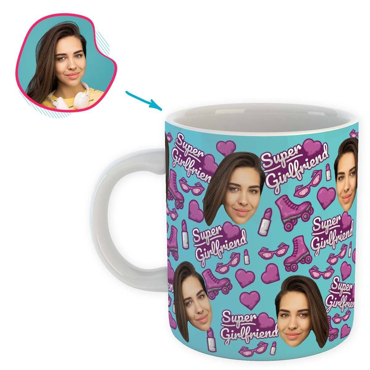 Blue Girlfriend personalized mug with photo of face printed on it