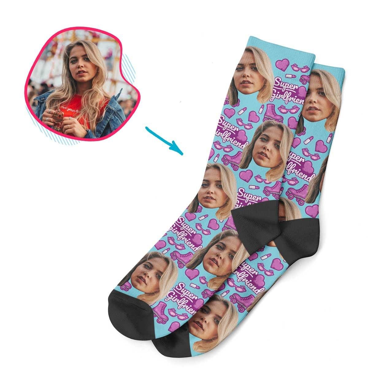 Blue Girlfriend personalized socks with photo of face printed on them