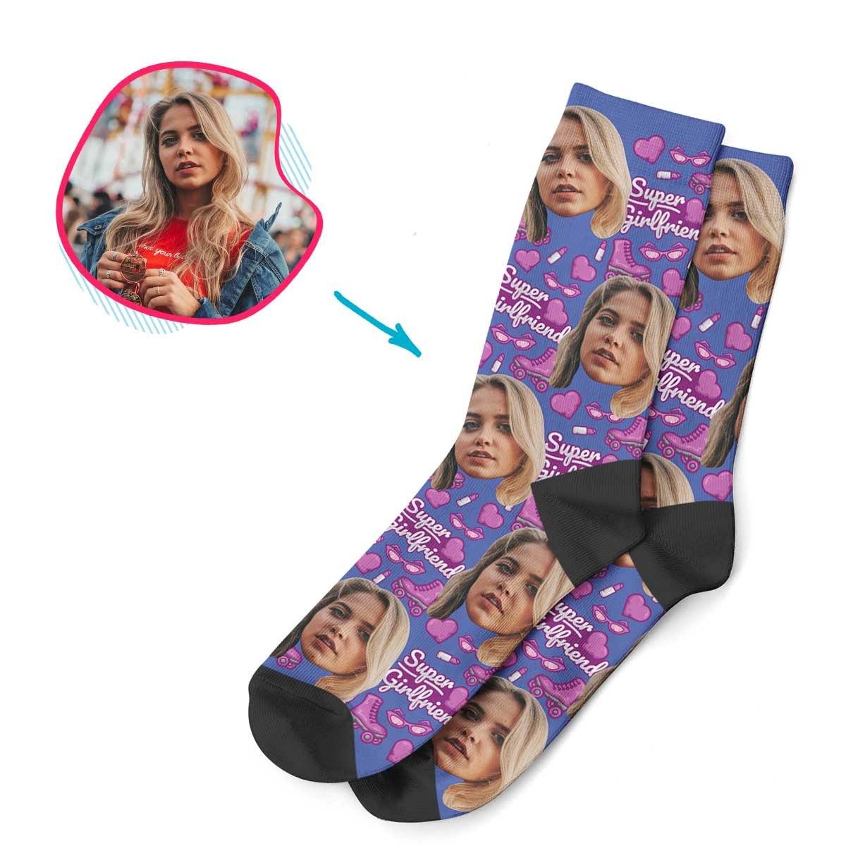 Darkblue Girlfriend personalized socks with photo of face printed on them
