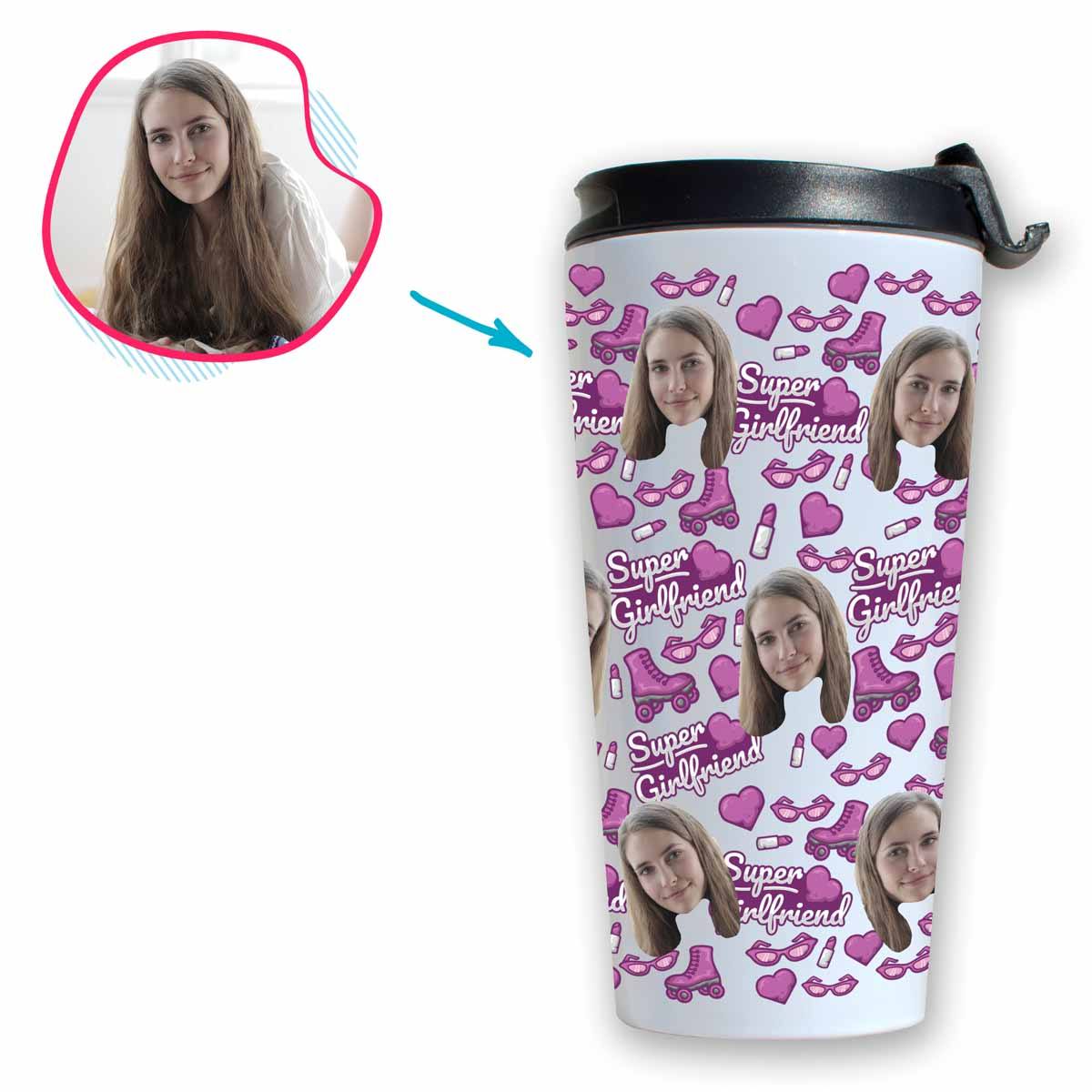 White Girlfriend personalized travel mug with photo of face printed on it