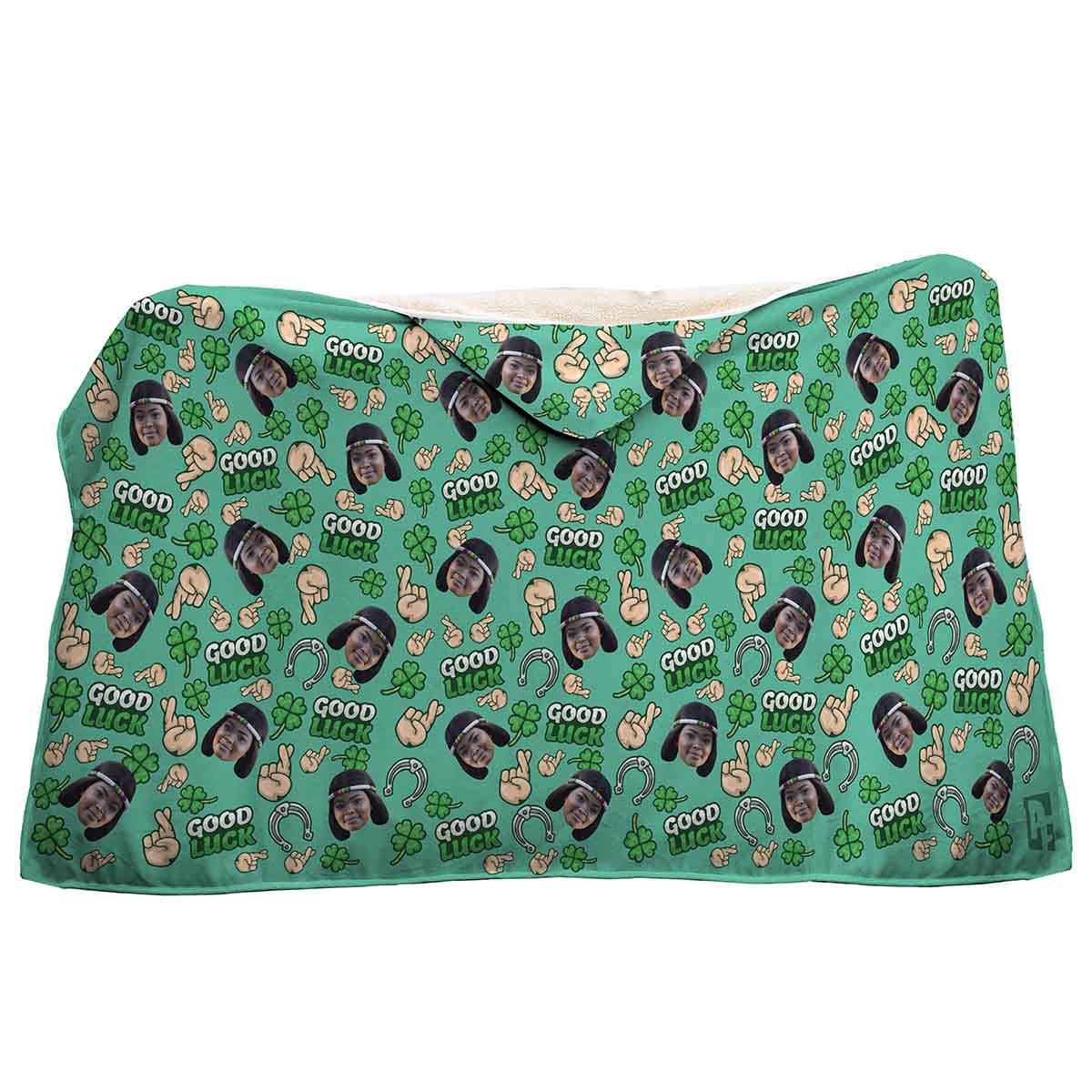 Mint Good Luck personalized hooded blanket with photo of face printed on it