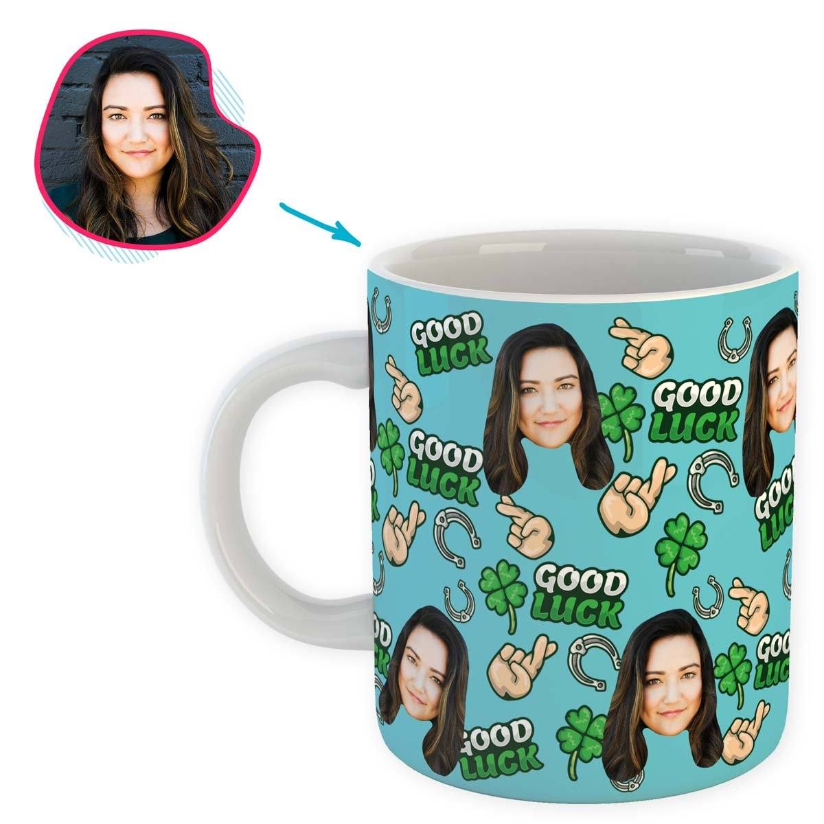 Blue Good Luck personalized mug with photo of face printed on it