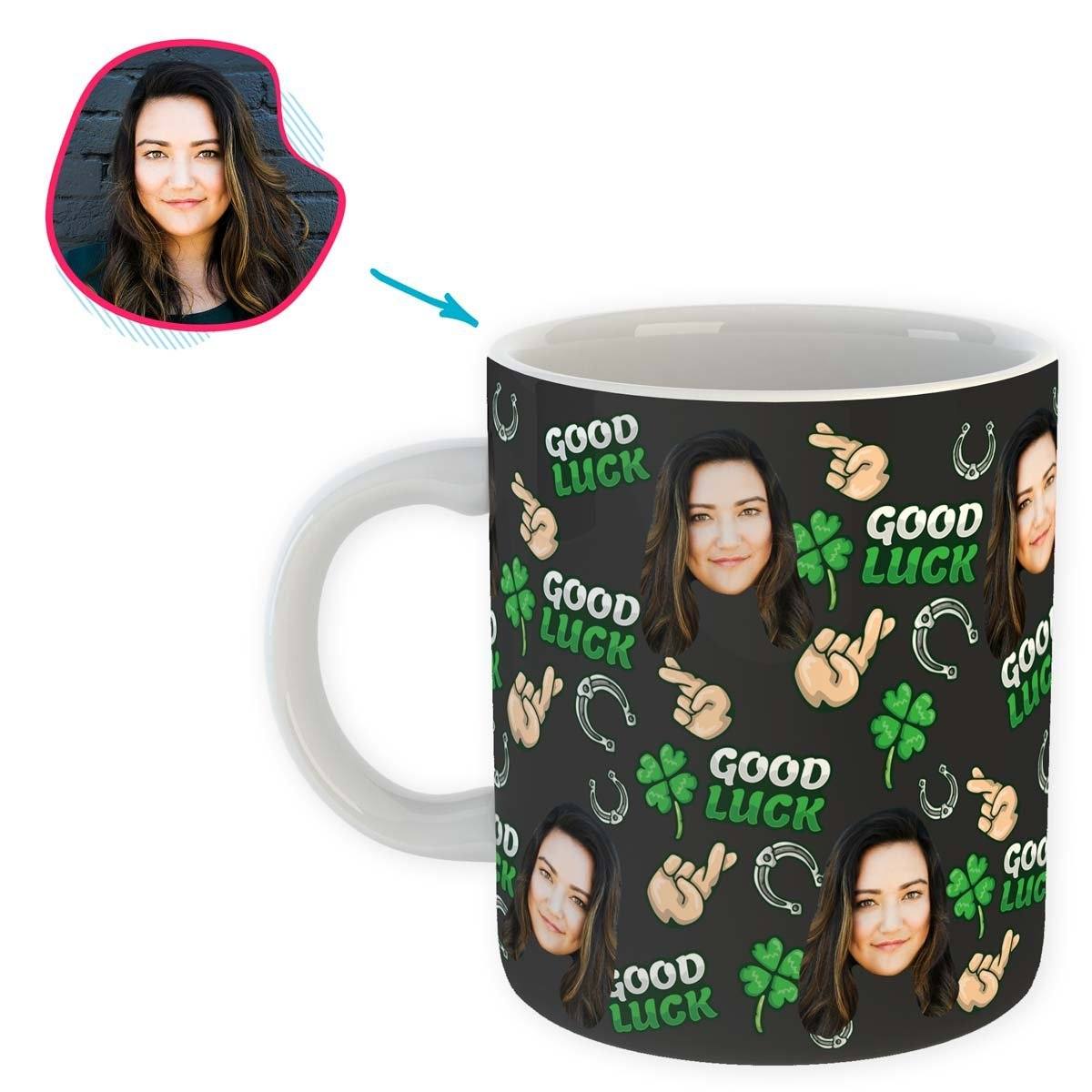 Dark Good Luck personalized mug with photo of face printed on it