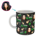Load image into Gallery viewer, Dark Good Luck personalized mug with photo of face printed on it
