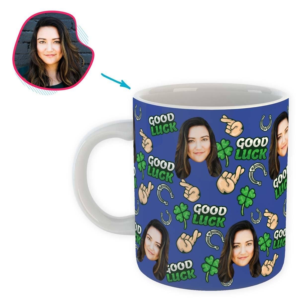Darkblue Good Luck personalized mug with photo of face printed on it