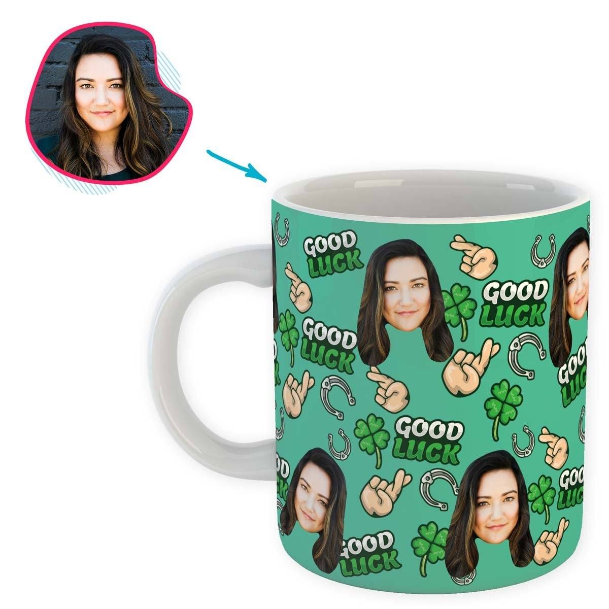 Mint Good Luck personalized mug with photo of face printed on it
