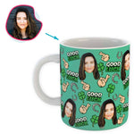 Load image into Gallery viewer, Mint Good Luck personalized mug with photo of face printed on it
