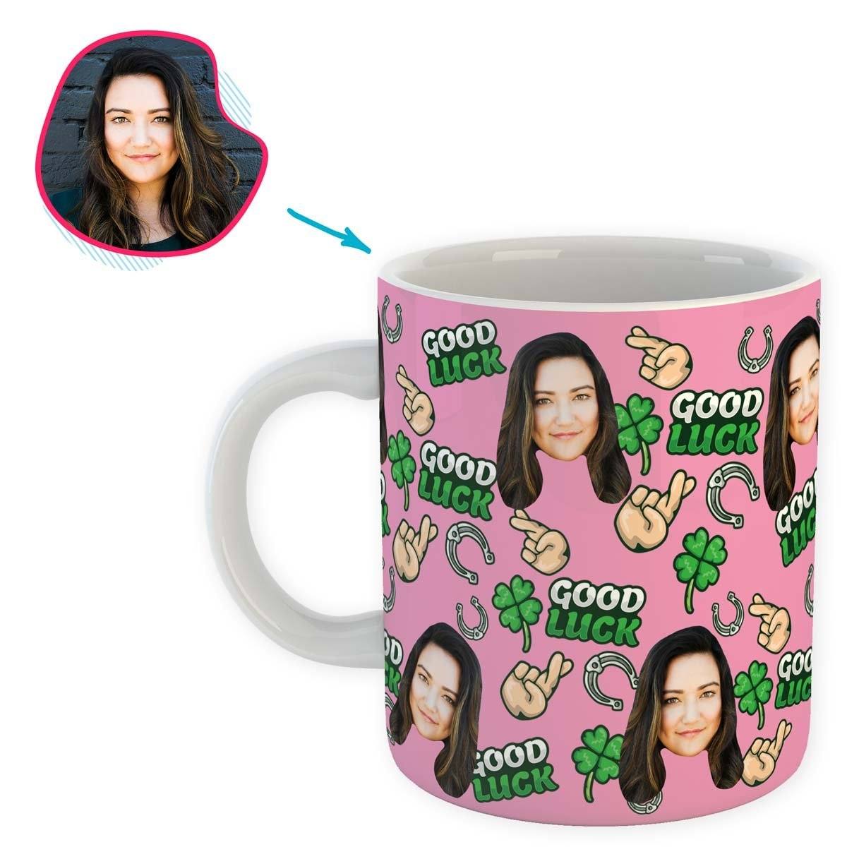 Pink Good Luck personalized mug with photo of face printed on it