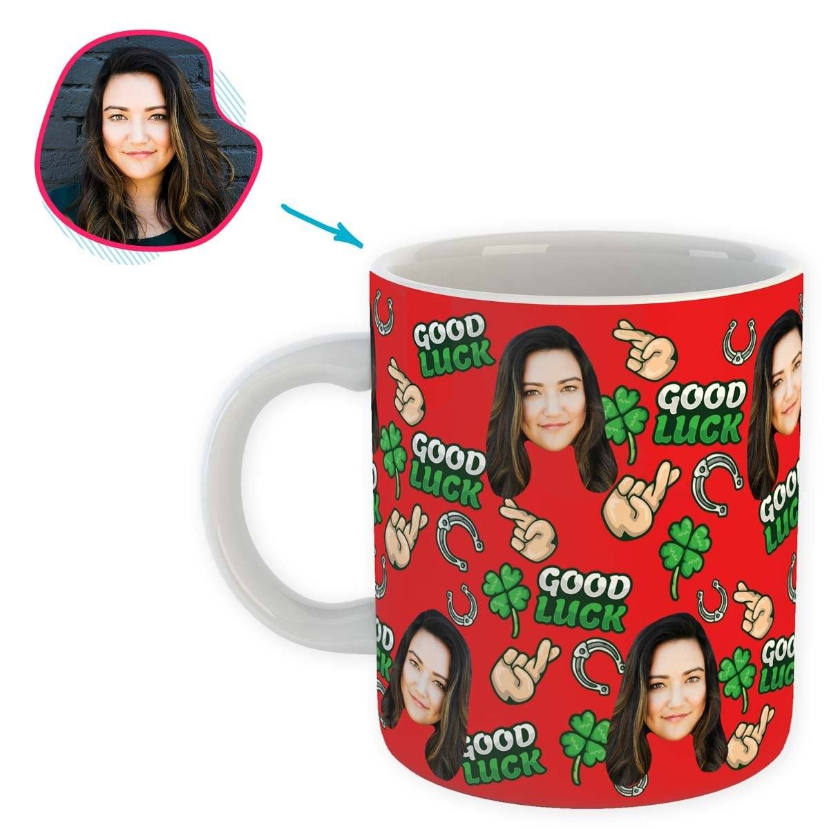 Red Good Luck personalized mug with photo of face printed on it