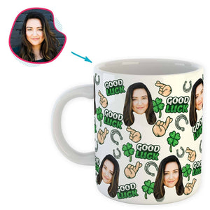 White Good Luck personalized mug with photo of face printed on it