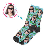 Load image into Gallery viewer, Blue Good Luck personalized socks with photo of face printed on them
