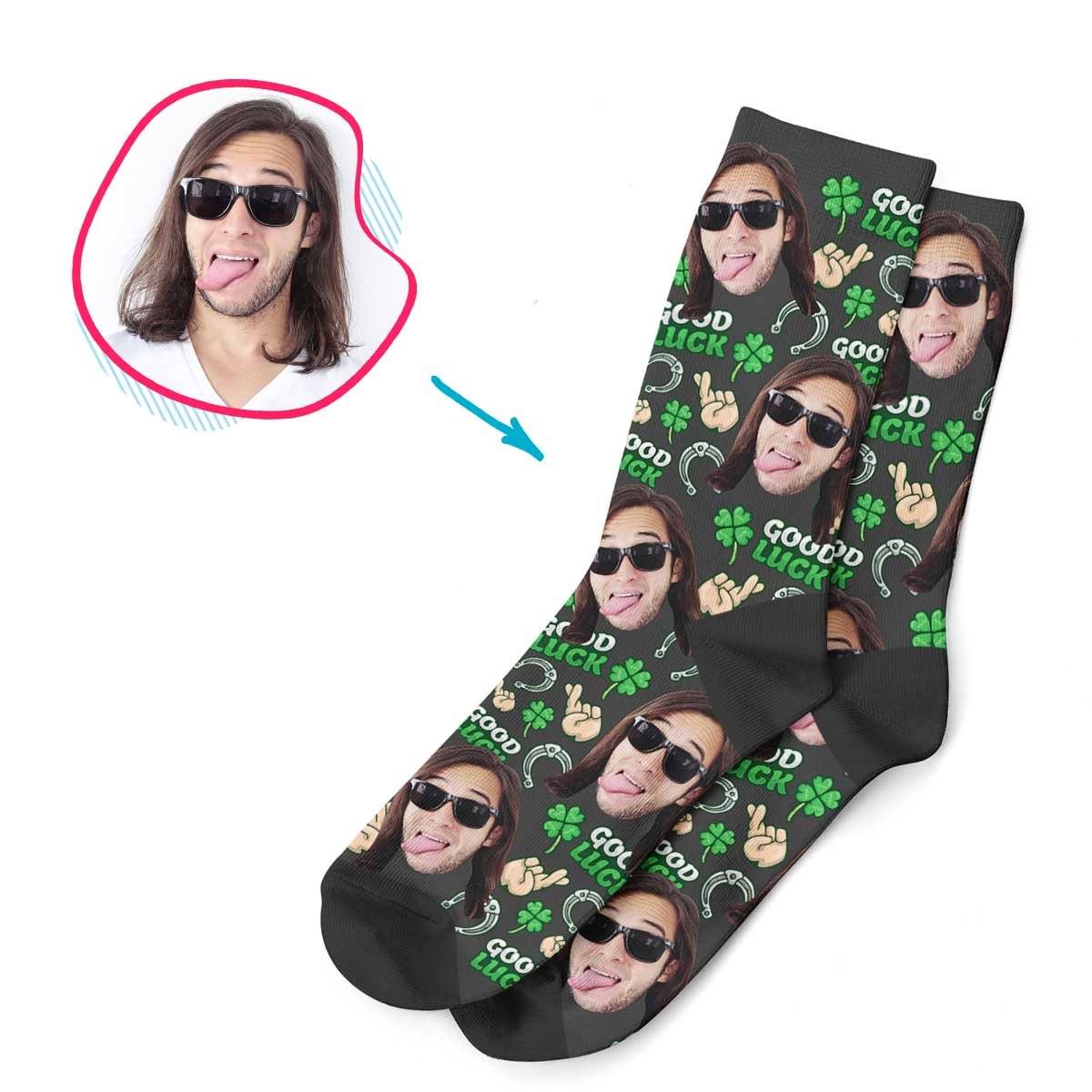 Dark Good Luck personalized socks with photo of face printed on them