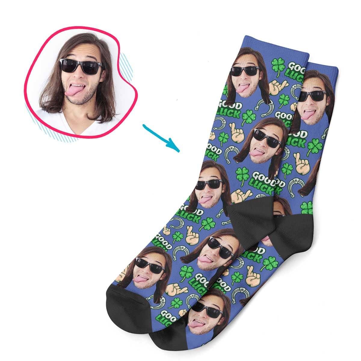 Darkblue Good Luck personalized socks with photo of face printed on them