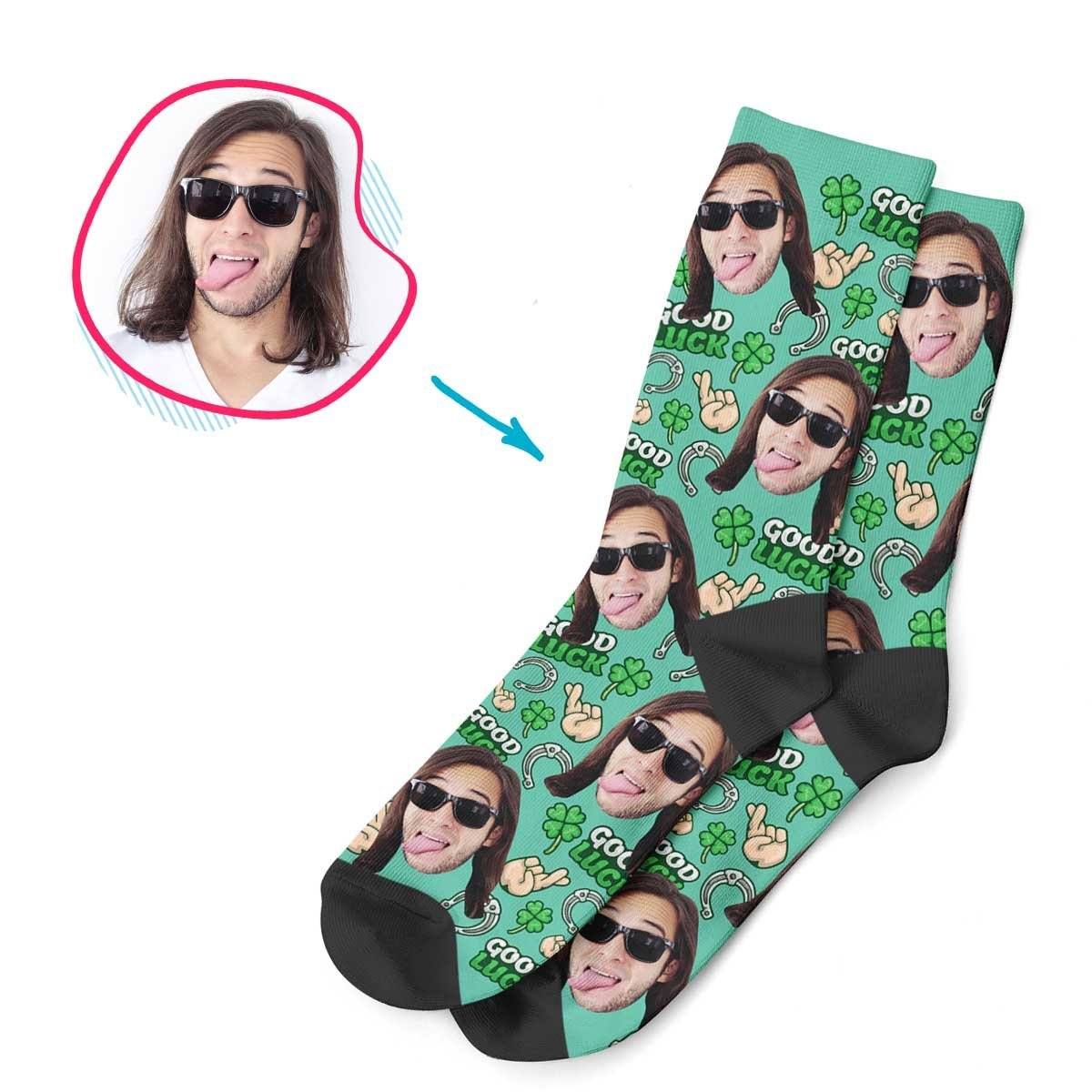 Mint Good Luck personalized socks with photo of face printed on them