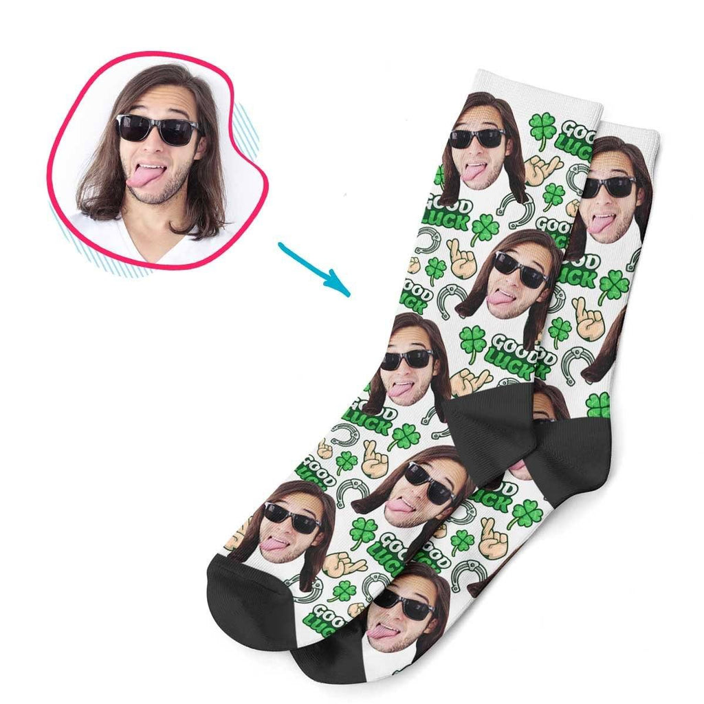 White Good Luck personalized socks with photo of face printed on them