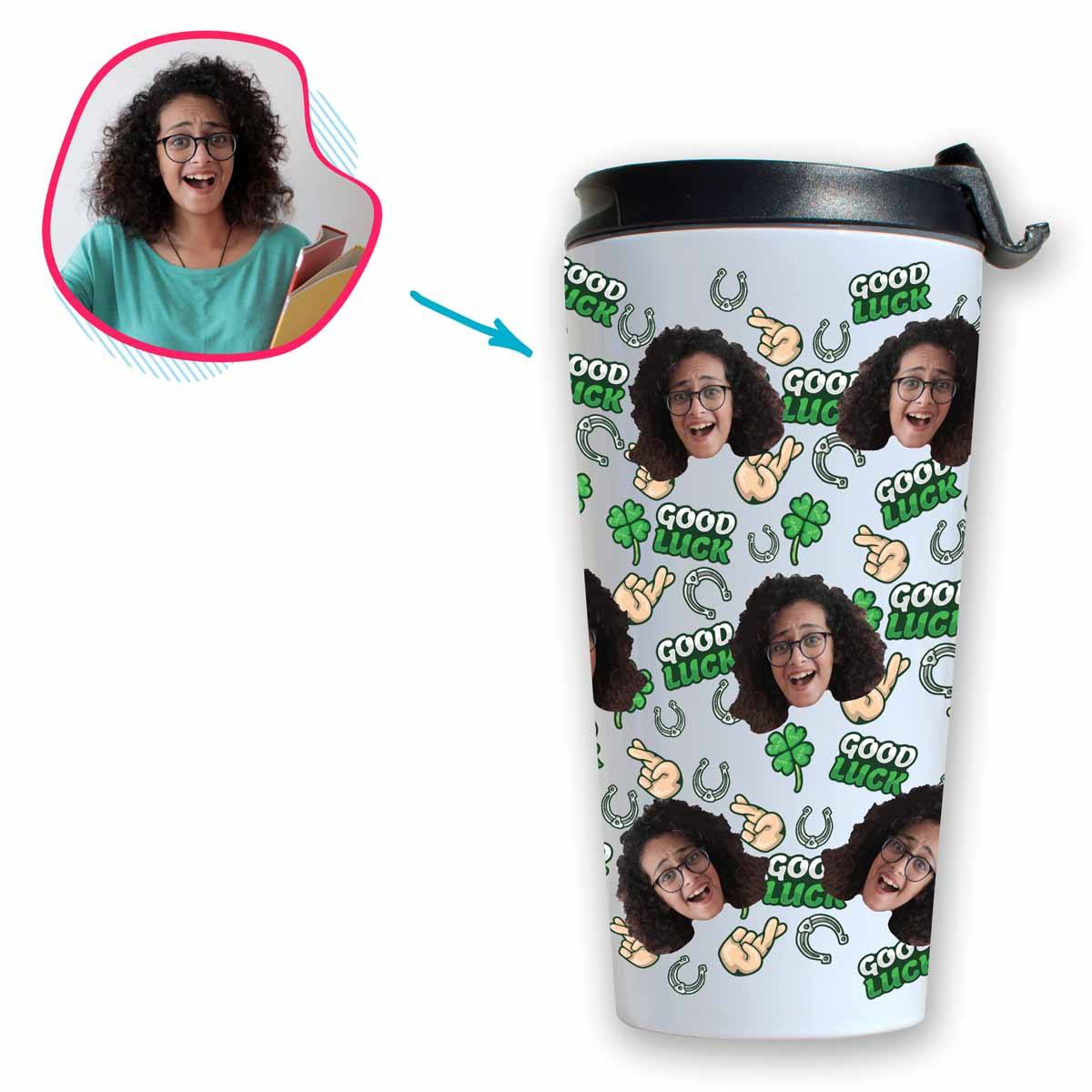 White Good Luck personalized travel mug with photo of face printed on it