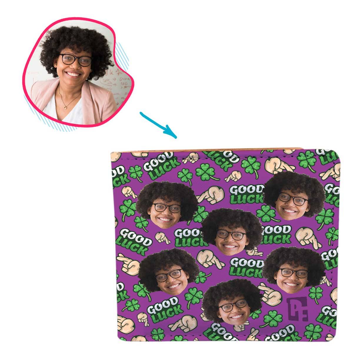 Purple Good Luck personalized wallet with photo of face printed on it