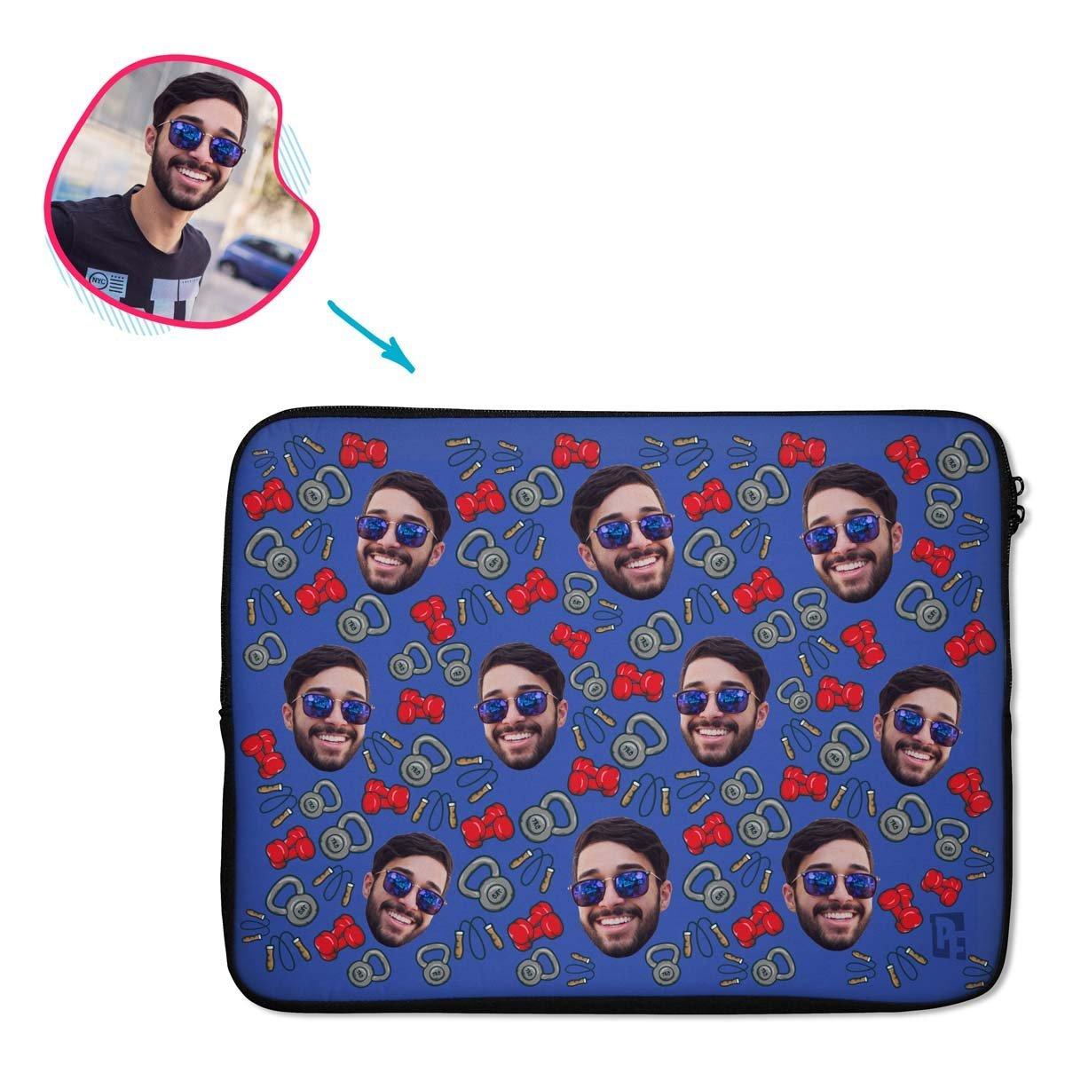darkblue Gym & Fitness laptop sleeve personalized with photo of face printed on them