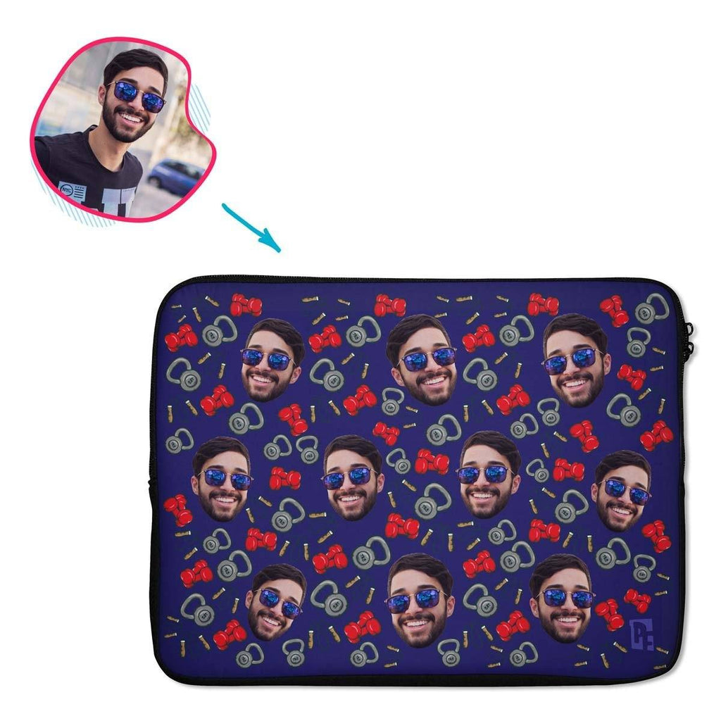 navy Gym & Fitness laptop sleeve personalized with photo of face printed on them