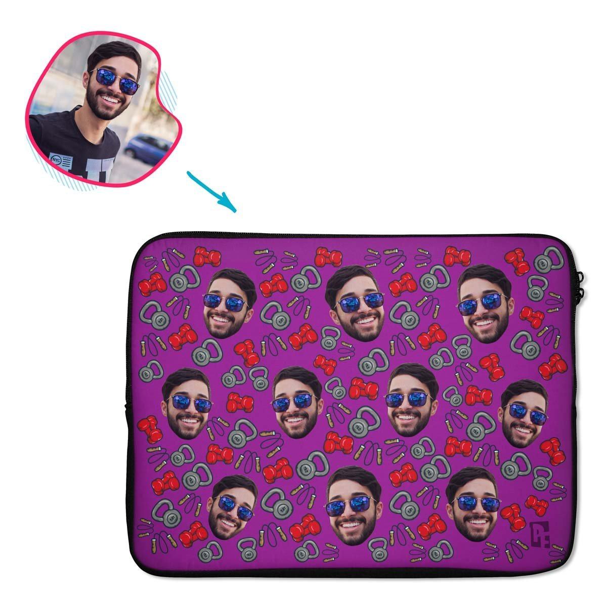 purple Gym & Fitness laptop sleeve personalized with photo of face printed on them