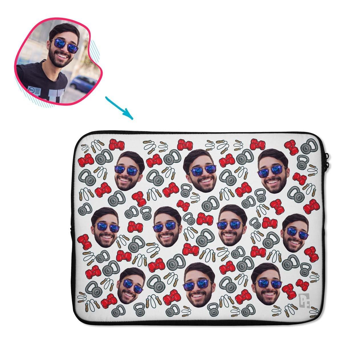 white Gym & Fitness laptop sleeve personalized with photo of face printed on them