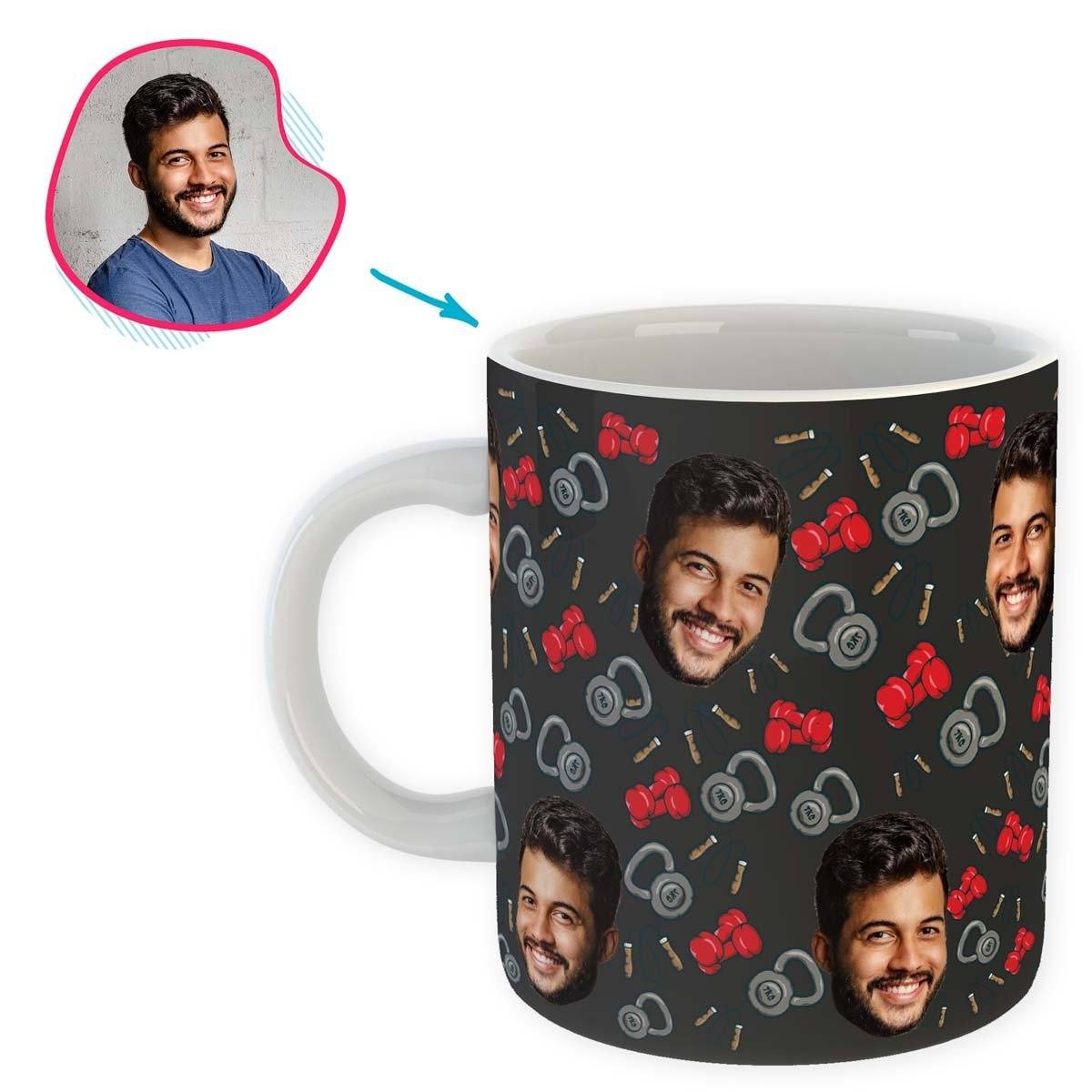dark Gym & Fitness mug personalized with photo of face printed on it