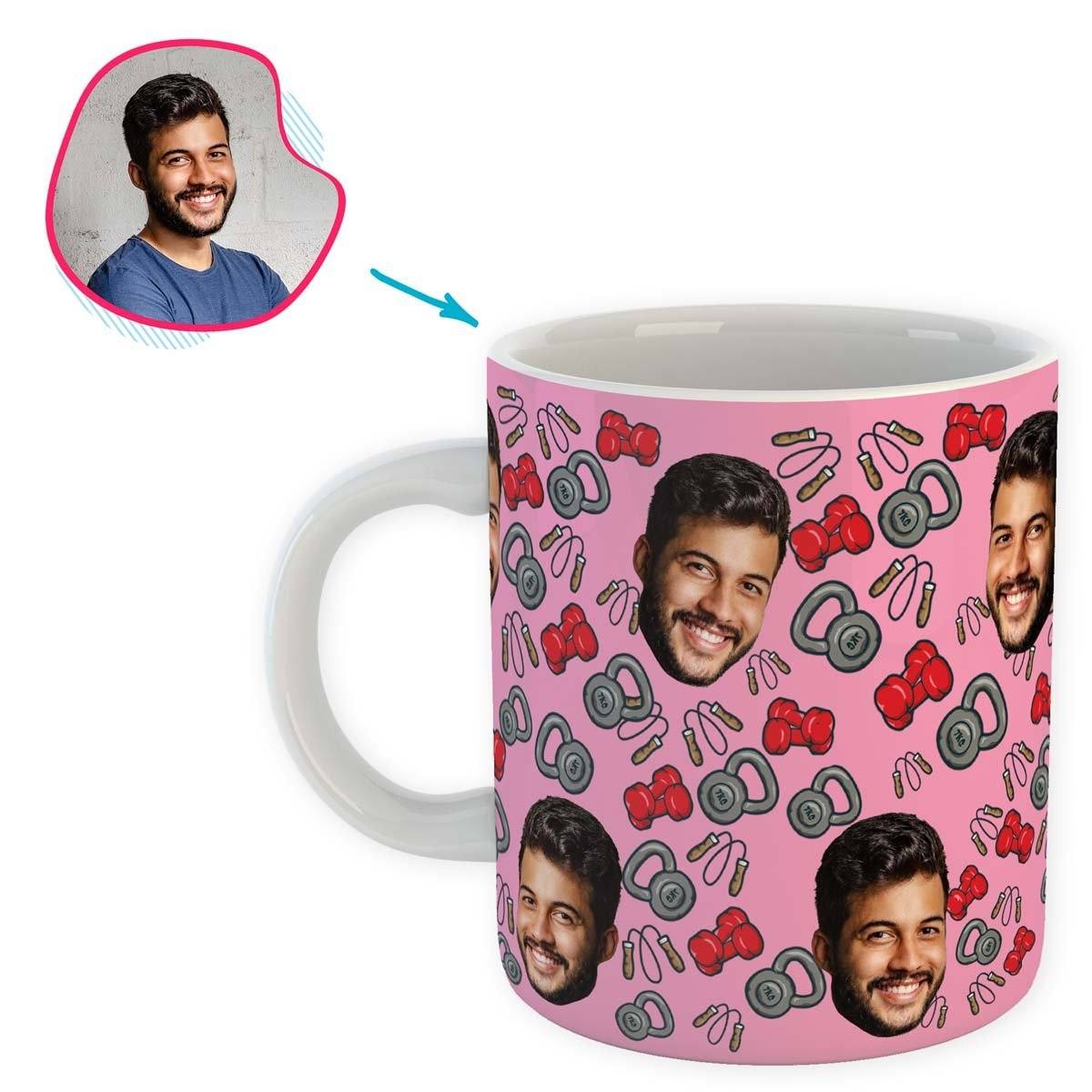 pink Gym & Fitness mug personalized with photo of face printed on it