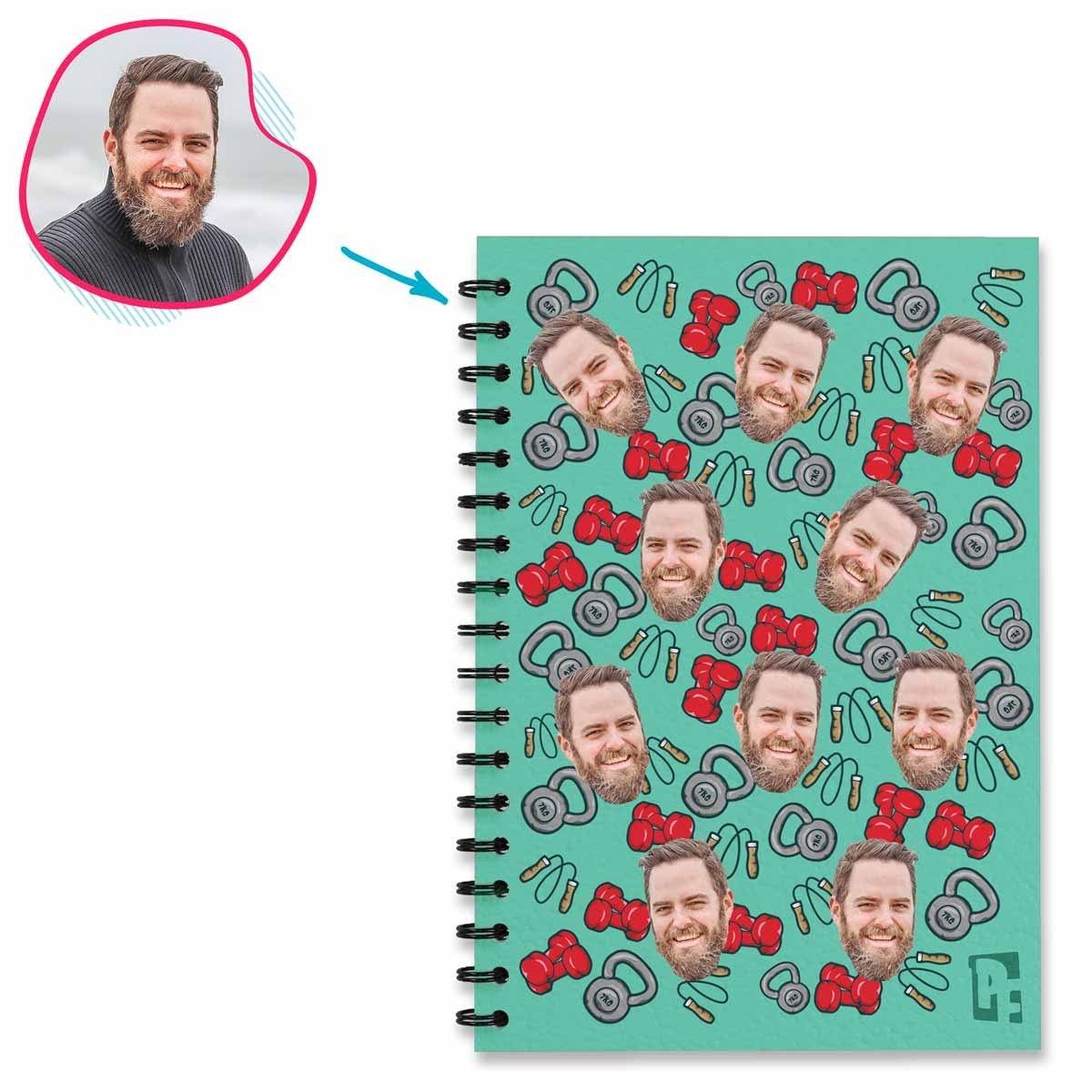mint Gym & Fitness Notebook personalized with photo of face printed on them