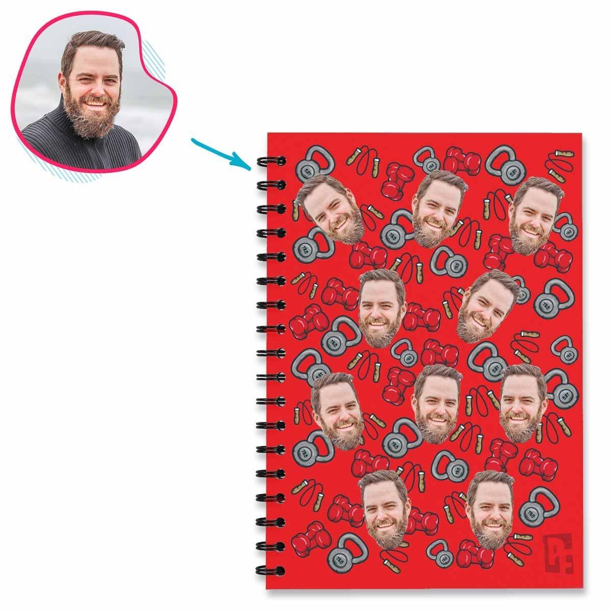 red Gym & Fitness Notebook personalized with photo of face printed on them