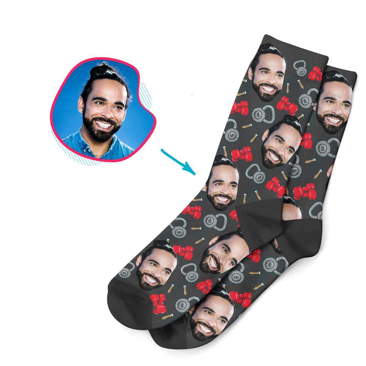 dark Gym & Fitness socks personalized with photo of face printed on them