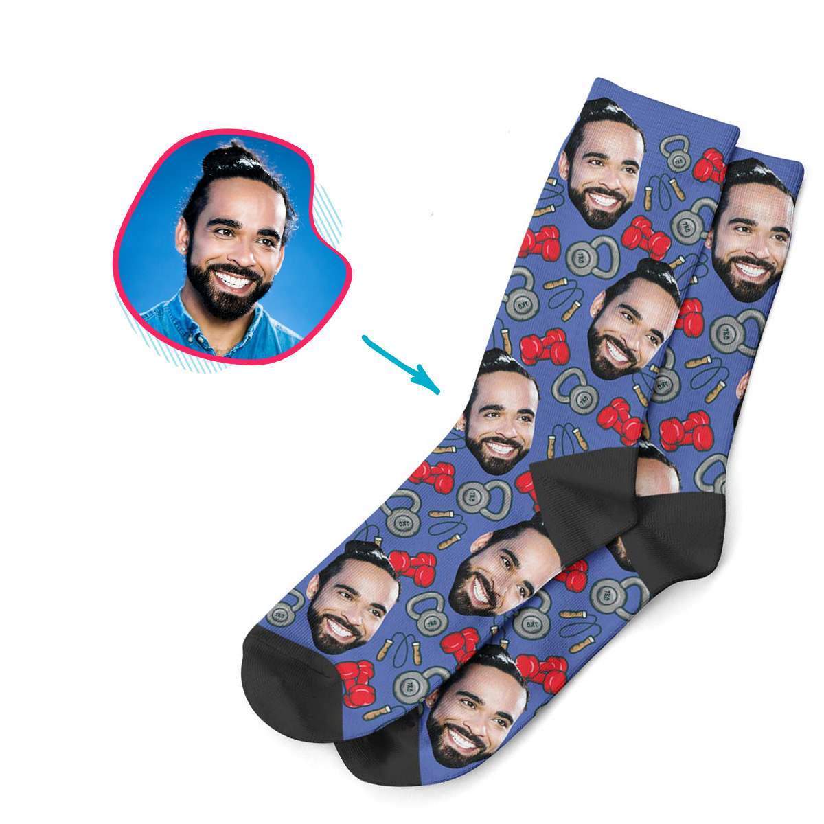 darkblue Gym & Fitness socks personalized with photo of face printed on them