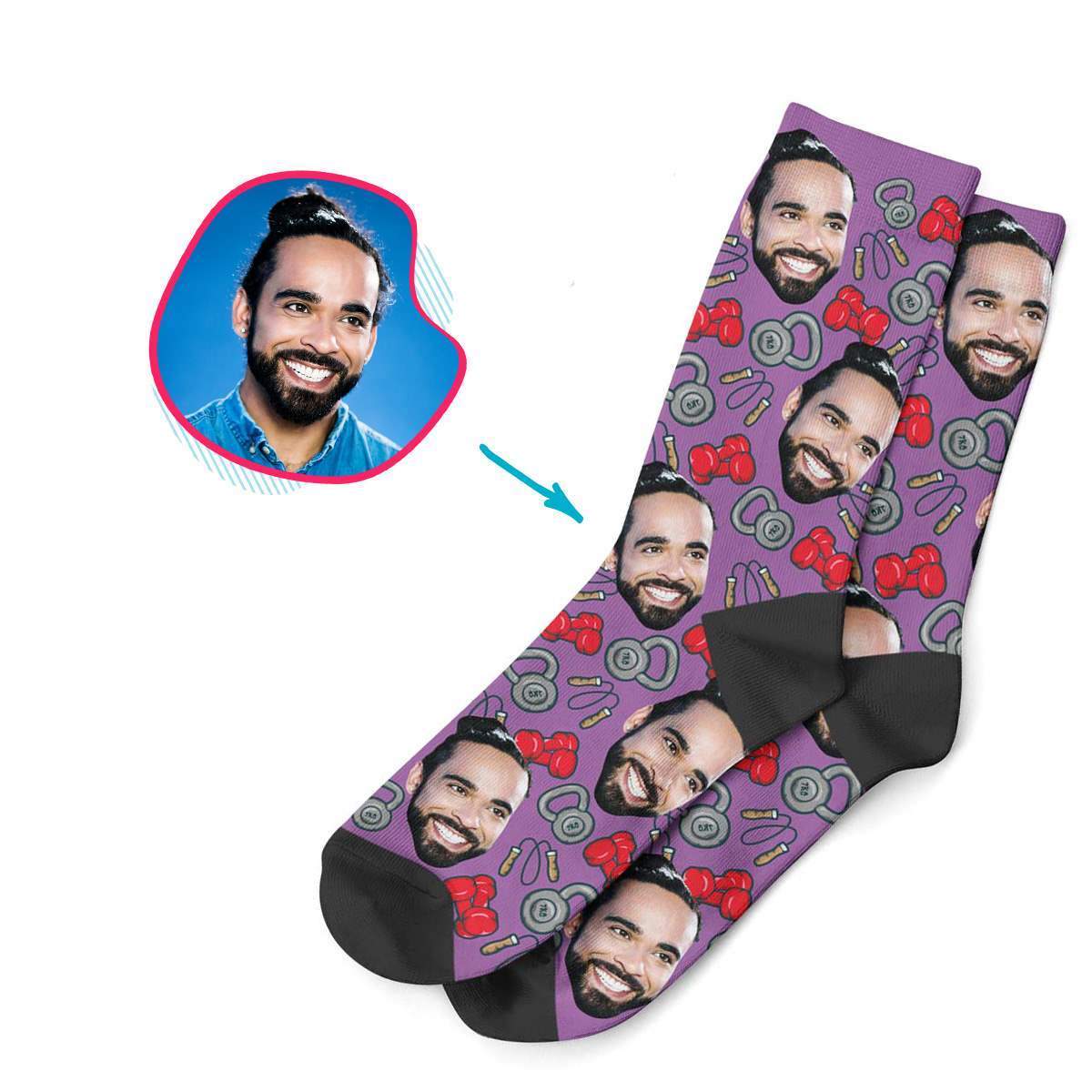 purple Gym & Fitness socks personalized with photo of face printed on them