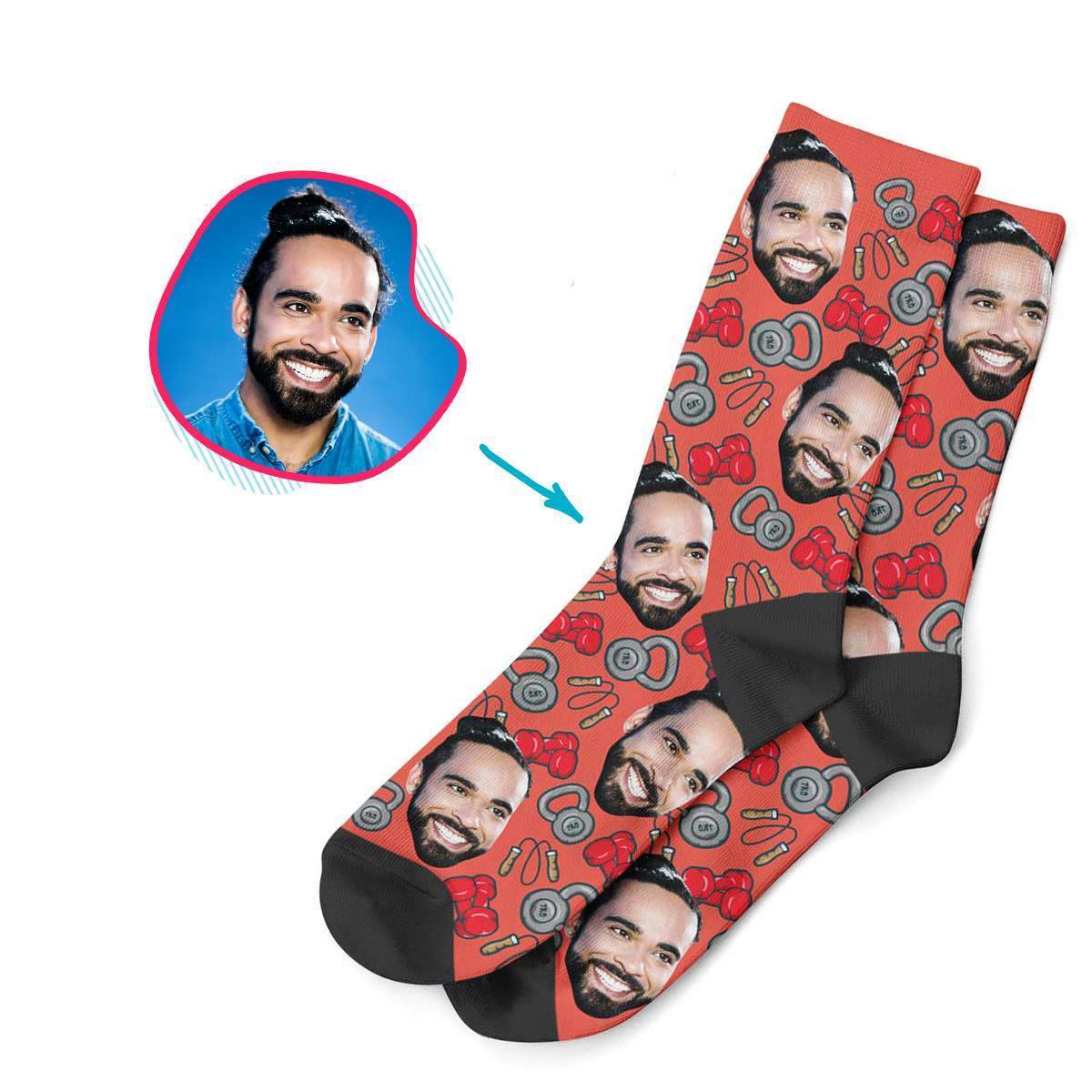 red Gym & Fitness socks personalized with photo of face printed on them