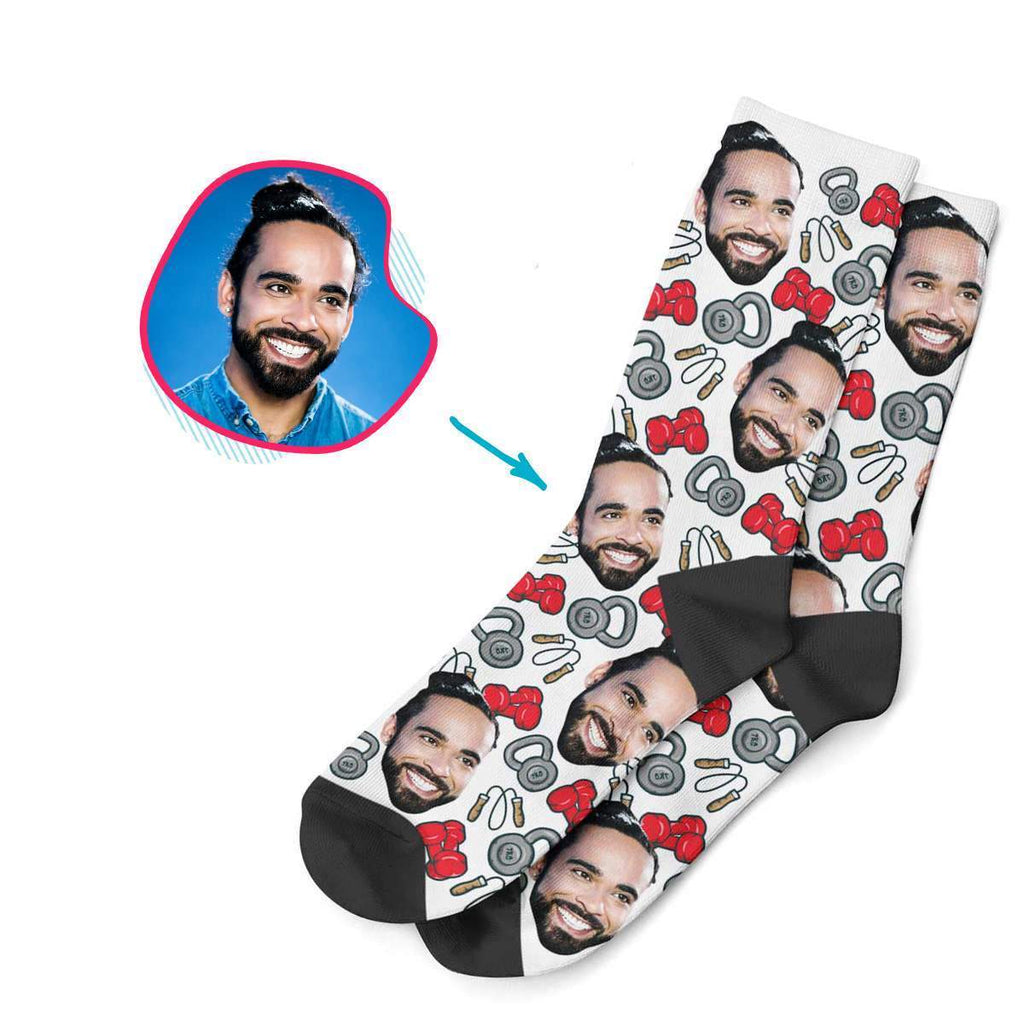 white Gym & Fitness socks personalized with photo of face printed on them