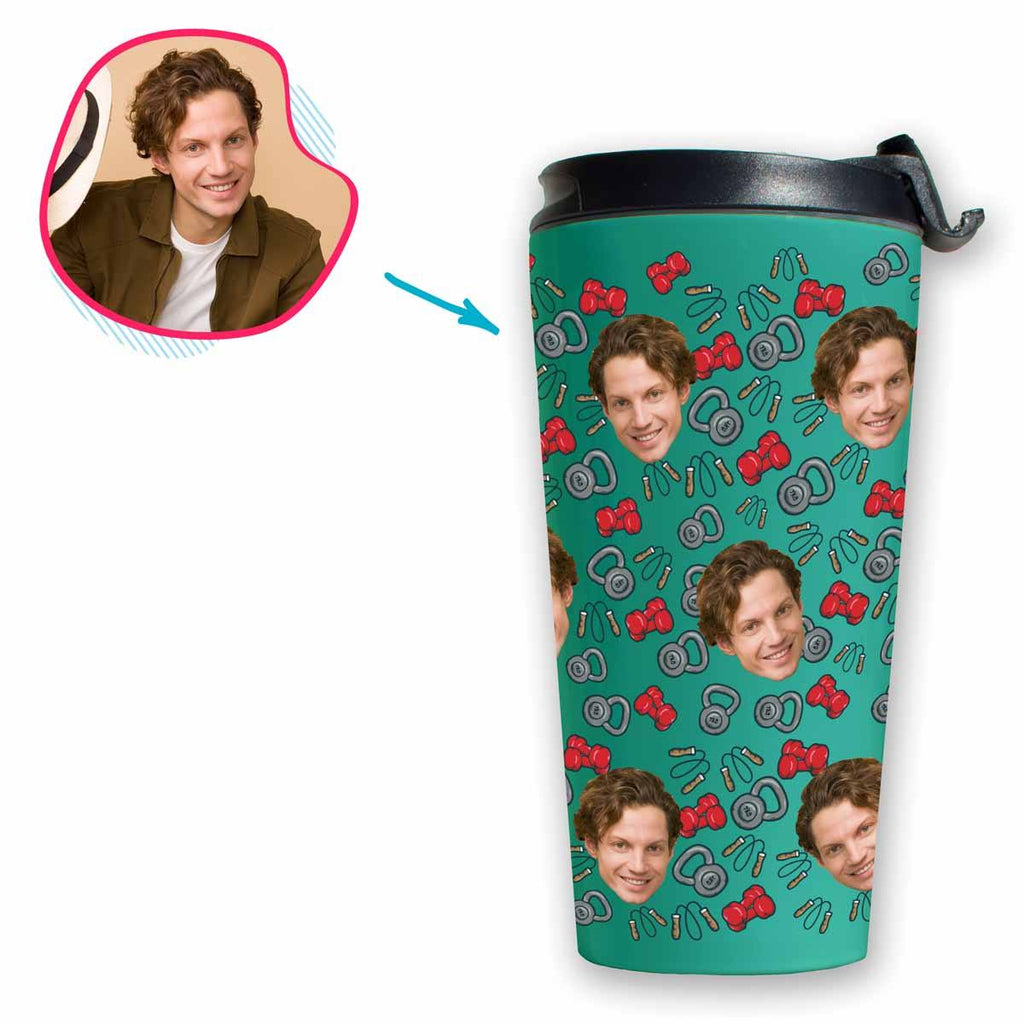 mint Gym & Fitness travel mug personalized with photo of face printed on it