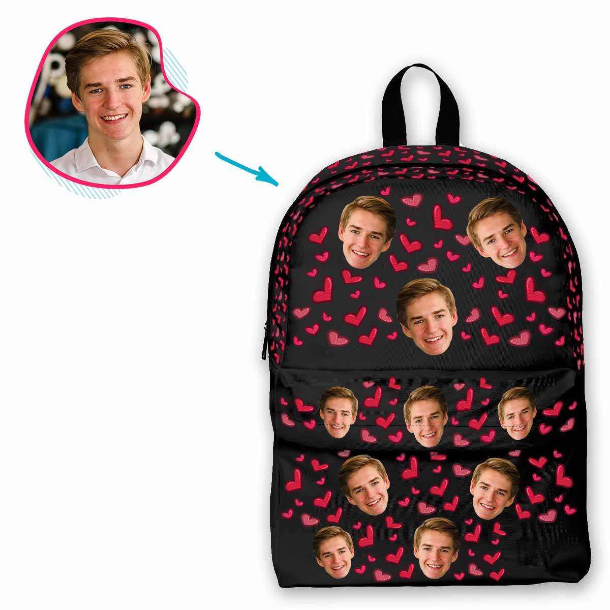dark Heart classic backpack personalized with photo of face printed on it