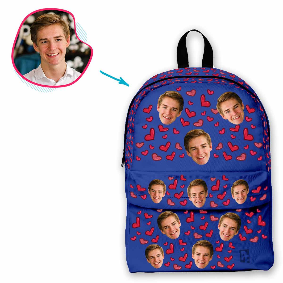 darkblue Heart classic backpack personalized with photo of face printed on it