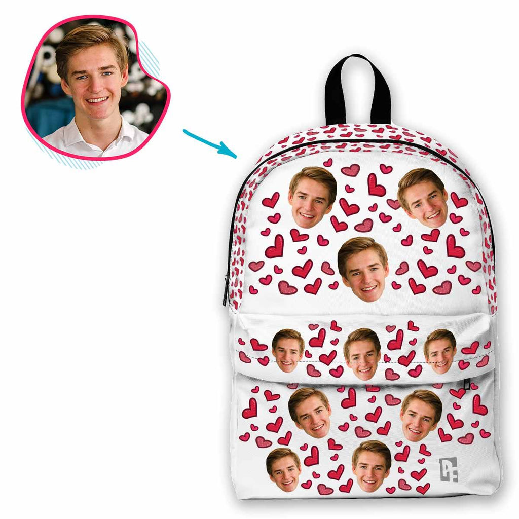 white Heart classic backpack personalized with photo of face printed on it