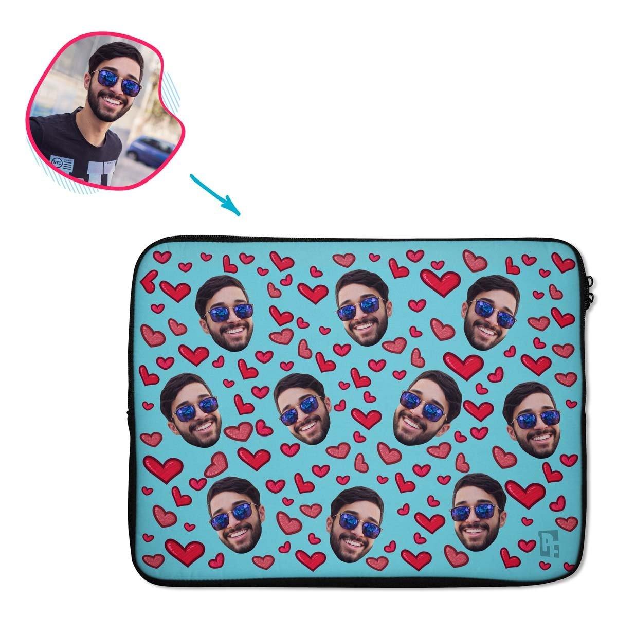 blue Heart laptop sleeve personalized with photo of face printed on them