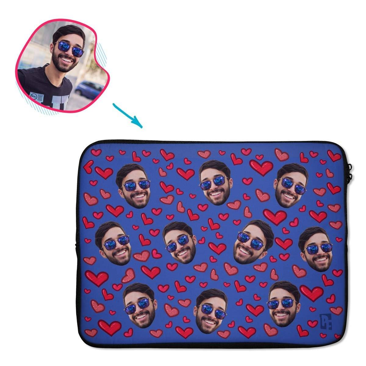 darkblue Heart laptop sleeve personalized with photo of face printed on them