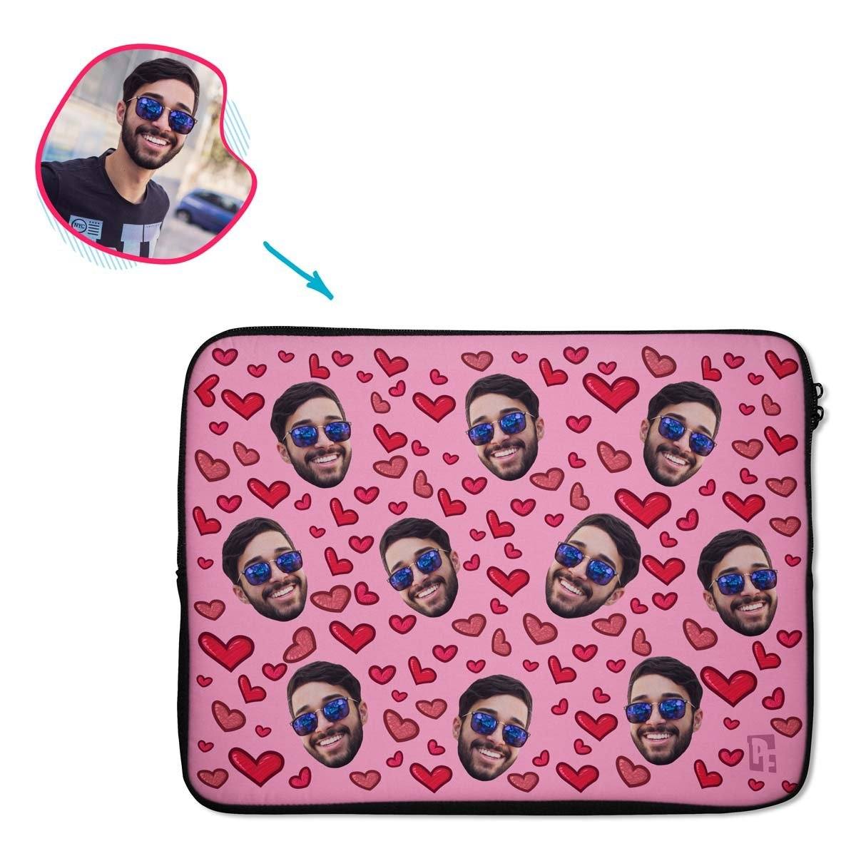 pink Heart laptop sleeve personalized with photo of face printed on them