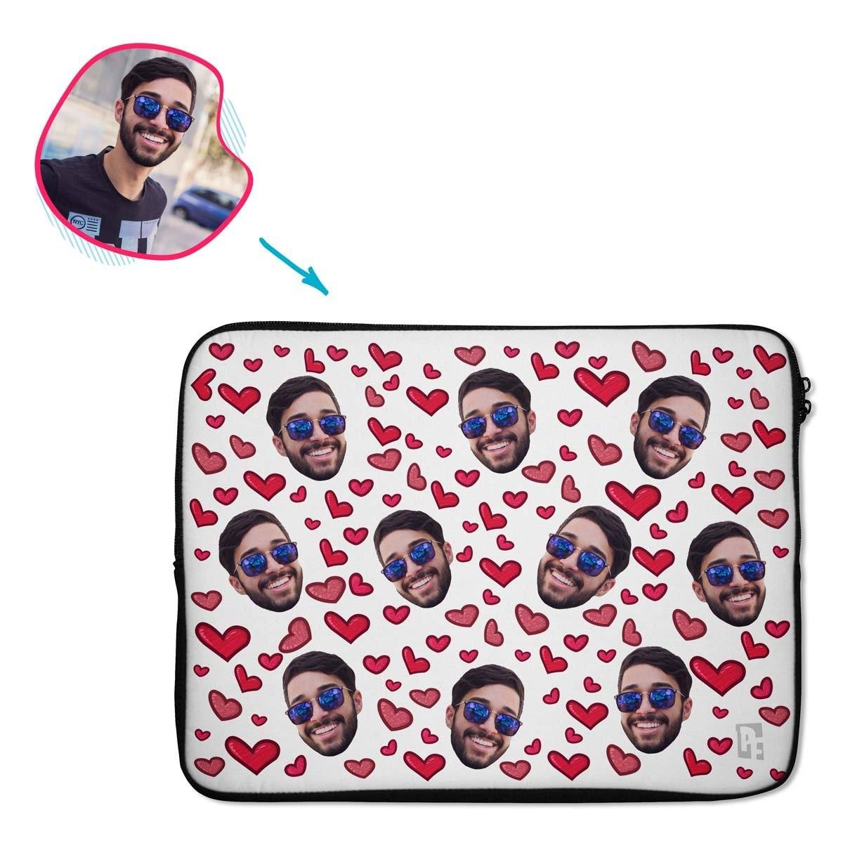 white Heart laptop sleeve personalized with photo of face printed on them