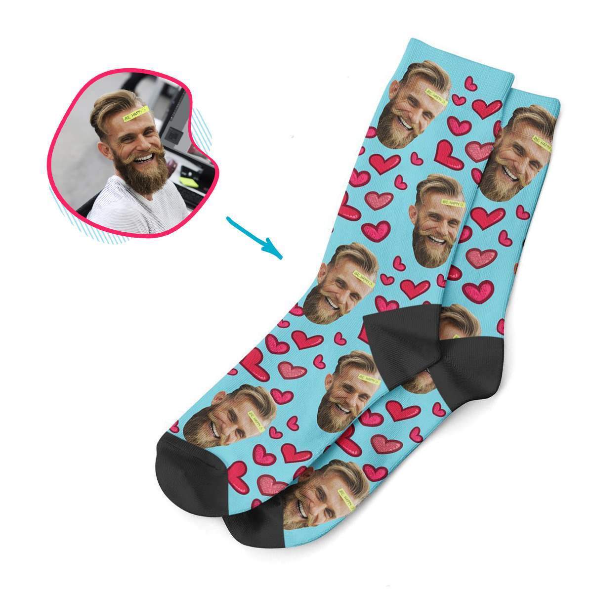 blue Heart socks personalized with photo of face printed on them