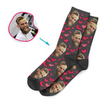 Load image into Gallery viewer, dark Heart socks personalized with photo of face printed on them
