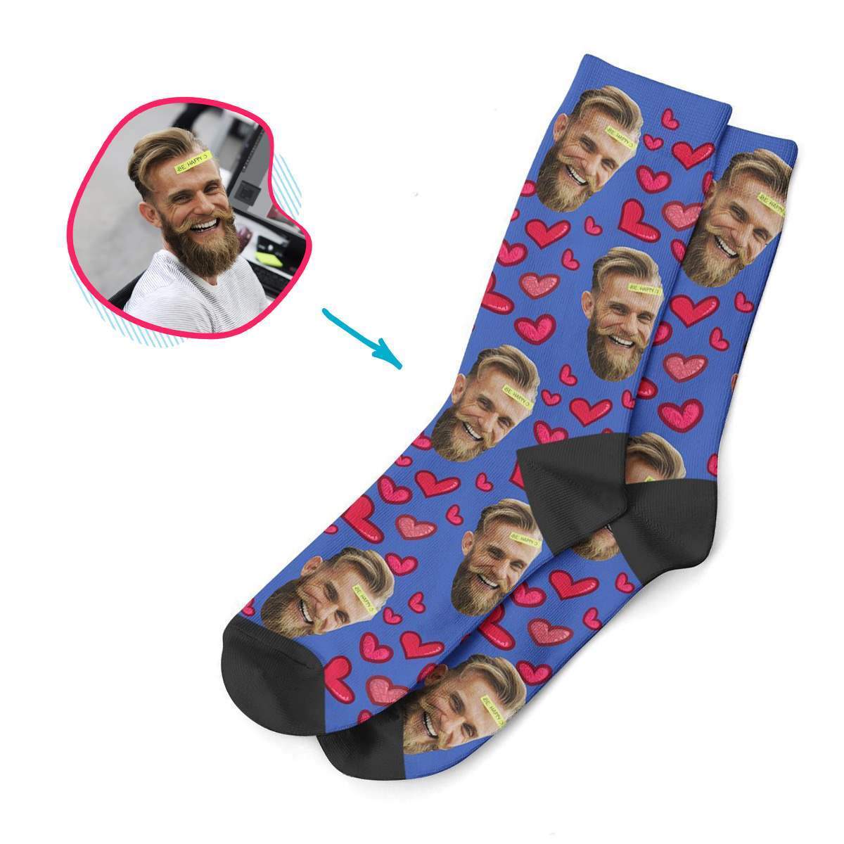 darkblue Heart socks personalized with photo of face printed on them