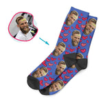Load image into Gallery viewer, darkblue Heart socks personalized with photo of face printed on them
