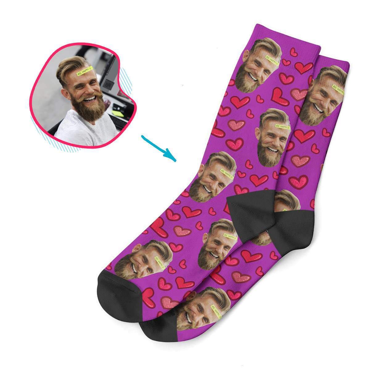 purple Heart socks personalized with photo of face printed on them