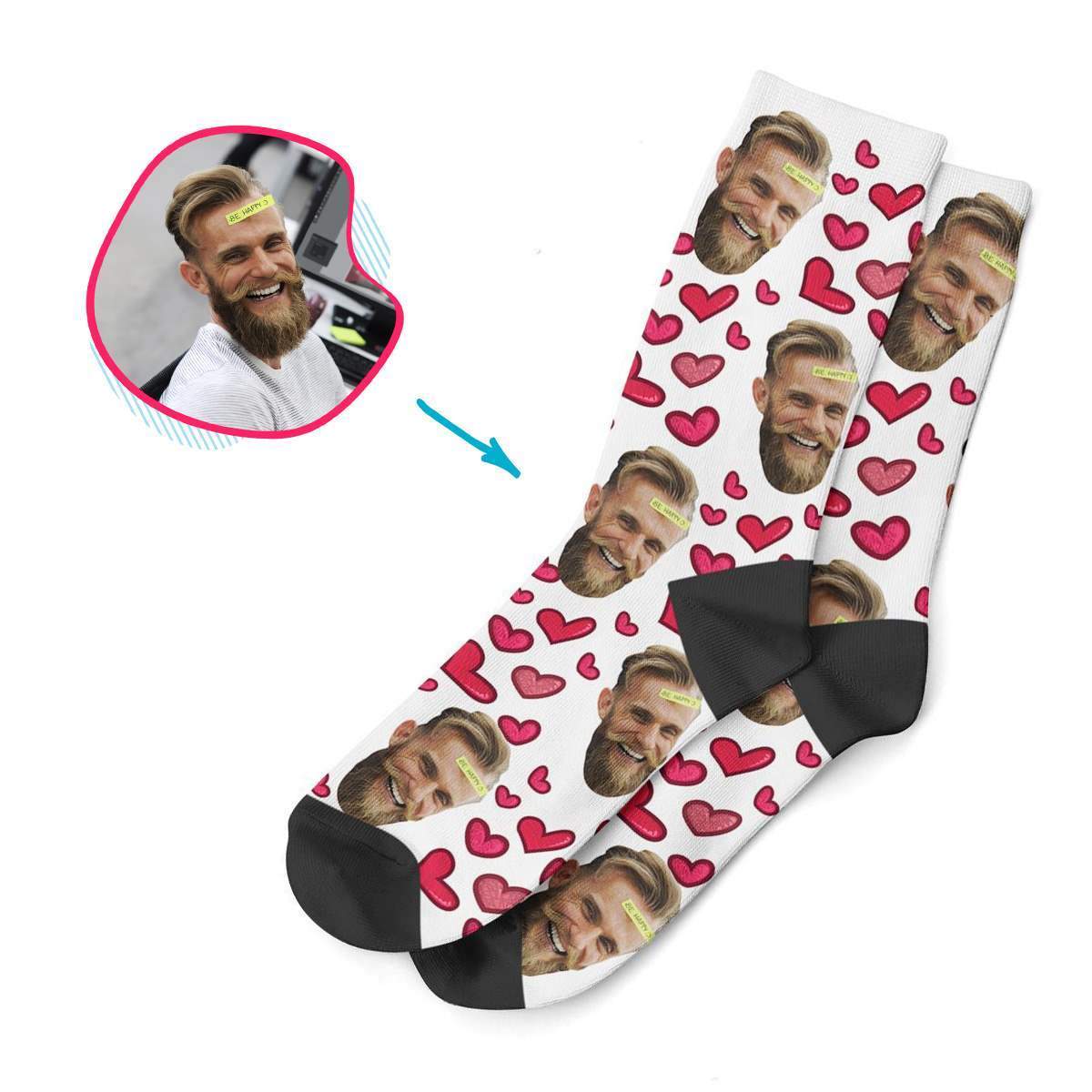white Heart socks personalized with photo of face printed on them