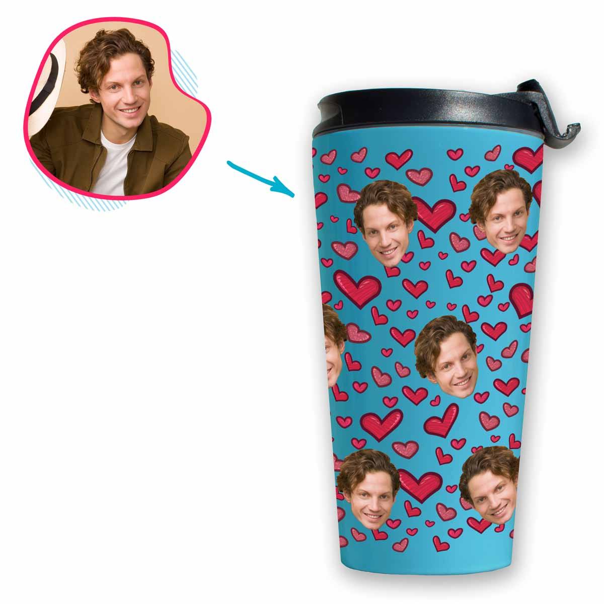 blue Heart travel mug personalized with photo of face printed on it