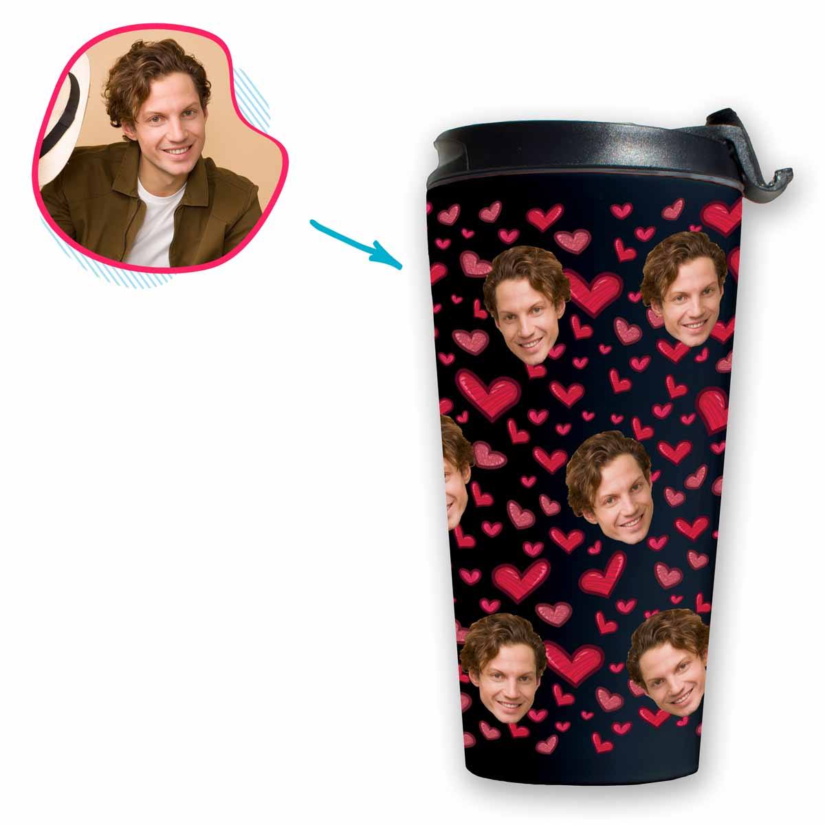 dark Heart travel mug personalized with photo of face printed on it